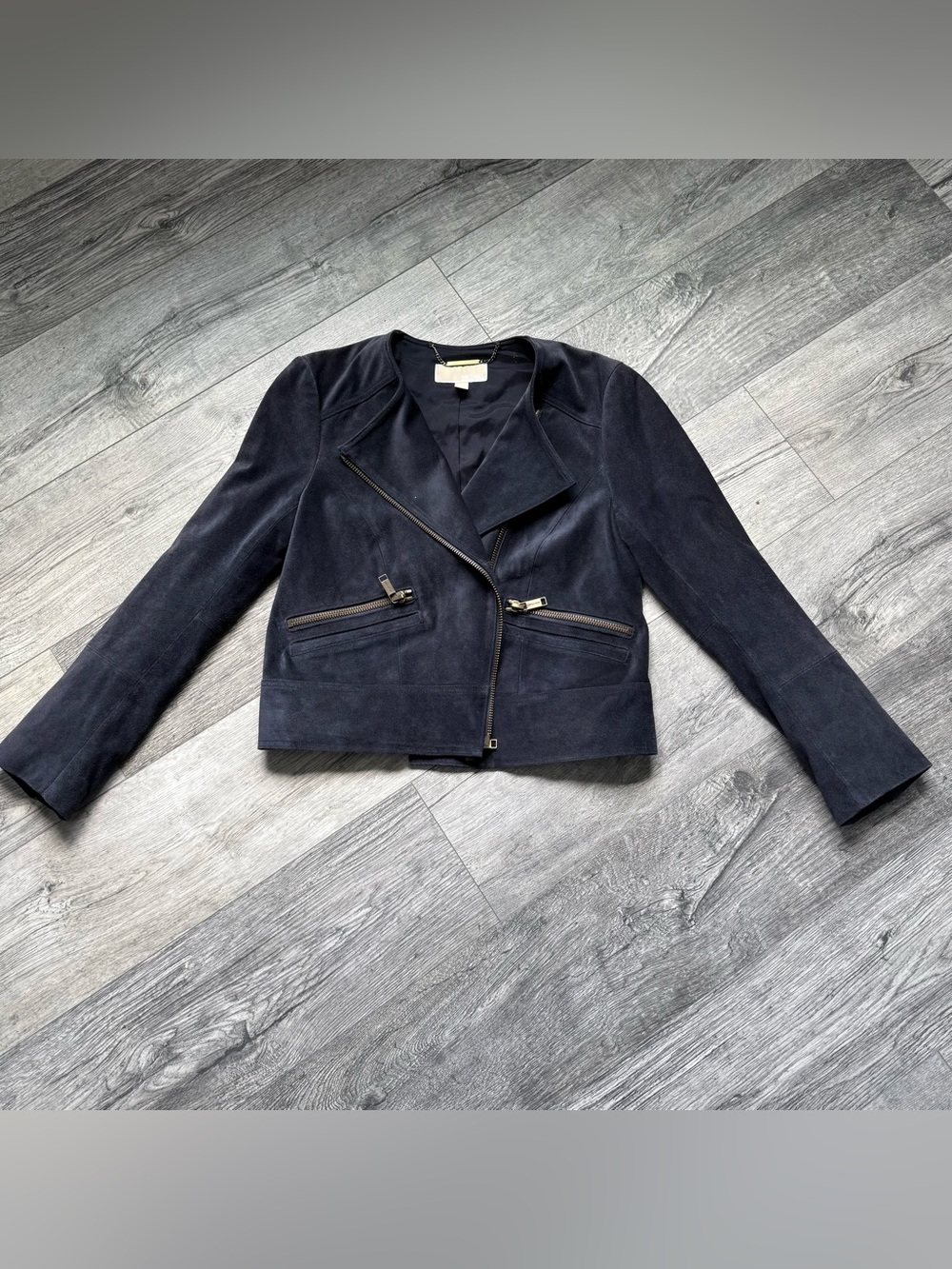 MICHAEL Michael Kors Navy Blue Suede Zip Moto Jacket